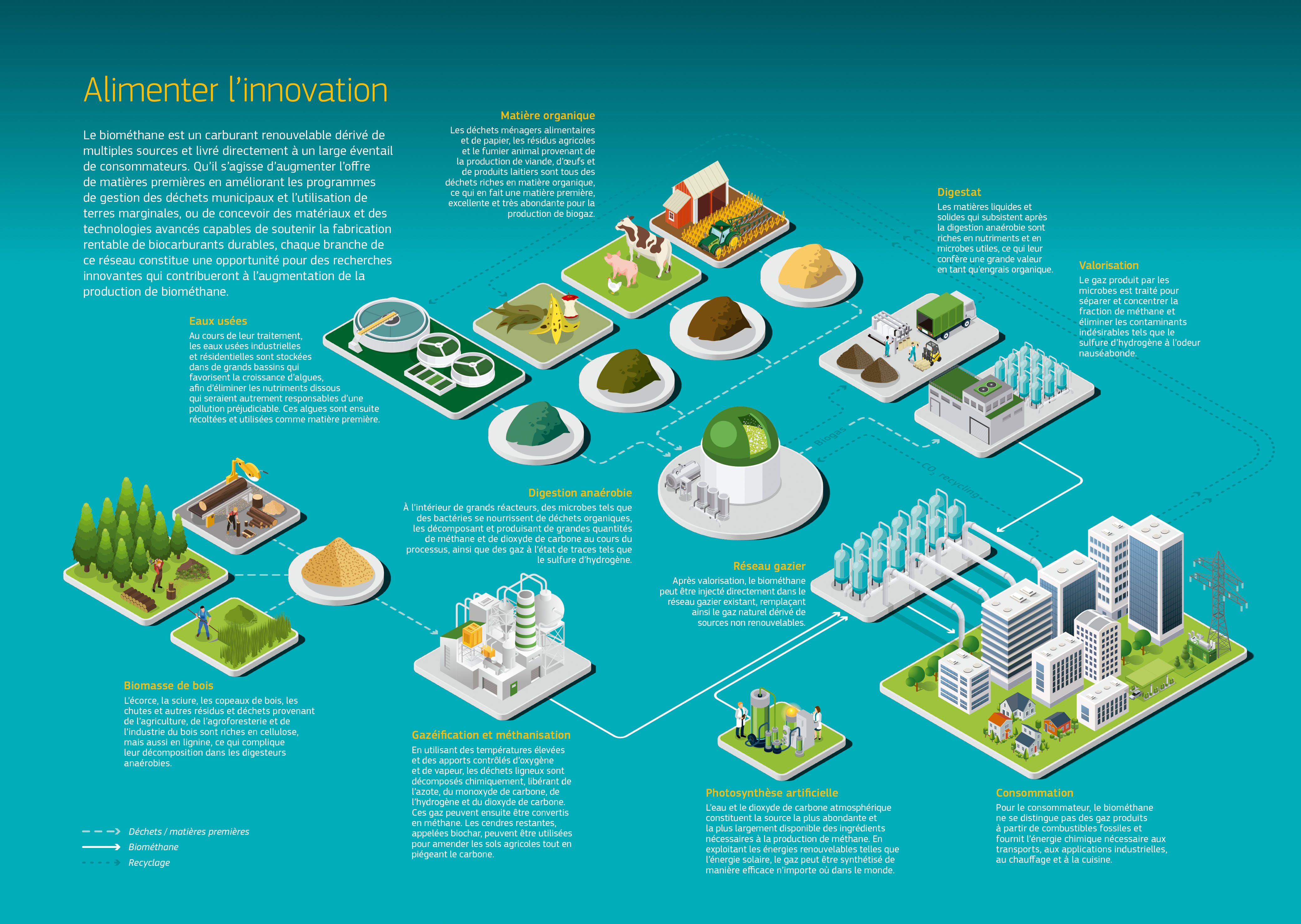 Illustration montrant comment les différents éléments soutiennent la production de biométhane. La photosynthèse artificielle alimente directement le réseau gazier. La biomasse du bois est gazéifiée et envoyée dans le réseau gazier. Les eaux usées et les matières organiques alimentent le digesteur anaérobie, qui produit du biogaz raffiné en biométhane avant d’être injecté dans le réseau gazier. Les déchets de la ville, dont le CO2, sont renvoyés dans le digesteur anaérobie. Illustration montrant comment les différents éléments soutiennent la production de biométhane. La photosynthèse artificielle alimente directement le réseau gazier. La biomasse du bois est gazéifiée et envoyée dans le réseau gazier. Les eaux usées et les matières organiques alimentent le digesteur anaérobie, qui produit du biogaz raffiné en biométhane avant d’être injecté dans le réseau gazier. Les déchets de la ville, dont le CO2, sont renvoyés dans le digesteur anaérobie.